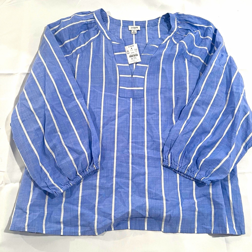 J.CREW Womens Woven Striped V-Neck Long Sleeve Pullover Blouse Pleated XL NWT